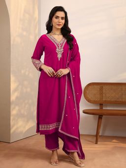 Libas - Pink Embroidered Velvet Straight Kurta And Pant With Dupatta