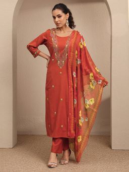 Libas - Orange Embroidered Cotton Blend Straight Kurta And Pant With Dupatta