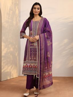 Libas - Purple Printed Silk Blend Straight Kurta And Pant With Dupatta