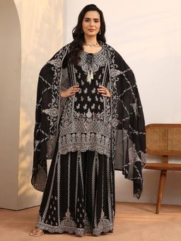 Libas Art - Black Art Embroidered Chinon Straight Kurta And Palazzo With Dupatta