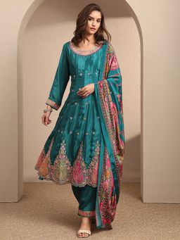 Libas Art - Blue Art Embroidered Silk Crepe Anarkali Kurta And Pant With Dupatta