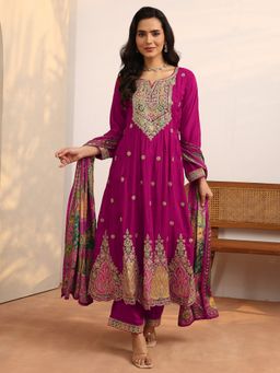 Libas Art - Pink Art Embroidered Silk Crepe Anarkali Kurta And Pant With Dupatta