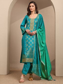 Libas - Blue Embroidered Silk Blend Straight Kurta And Pant With Dupatta