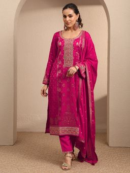 Libas - Pink Embroidered Silk Blend Straight Kurta And Pant With Dupatta