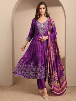 Libas Art - Purple Art Embroidered Silk Crepe Anarkali Kurta And Pant With Dupatta