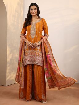 Libas Art - Orange Art Embroidered Silk Crepe Straight Kurta And Palazzo With Dupatta