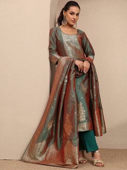 Libas - Green Woven Design Silk Blend Straight Kurta And Pant With Dupatta