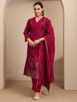 Libas - Maroon Embroidered Silk Blend Straight Kurta And Pant With Dupatta
