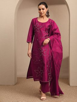 Libas - Wine Embroidered Silk Blend Straight Kurta And Pant With Dupatta