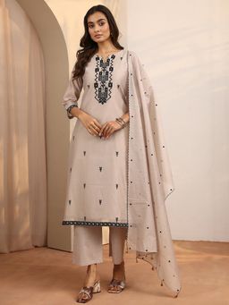 Libas - Beige Embroidered Silk Blend Straight Kurta And Pant With Dupatta