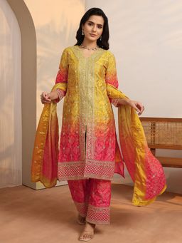 Libas - Mustard Embroidered Chinon Straight Kurta And Pant With Dupatta