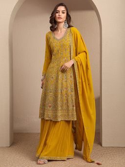 Libas Art - Mustard Art Embroidered Georgette Anarkali Kurta And Palazzo With Dupatta