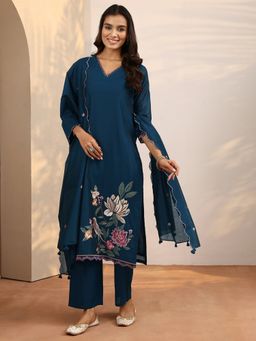 Libas - Teal Embroidered Silk Blend Straight Kurta And Pant With Dupatta