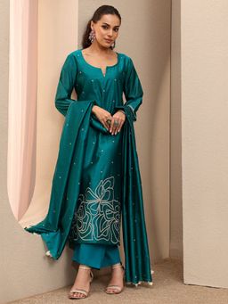Libas - Teal Embroidered Silk Blend Straight Kurta And Pant With Dupatta