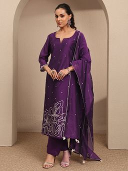 Libas - Purple Embroidered Silk Blend Straight Kurta And Pant With Dupatta