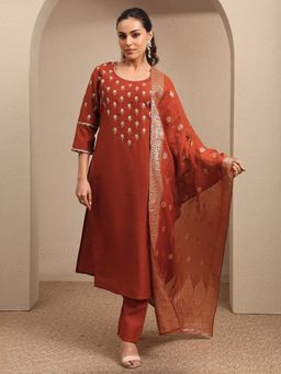 Libas - Rust Woven Design Silk Blend Straight Kurta And Pant With Dupatta