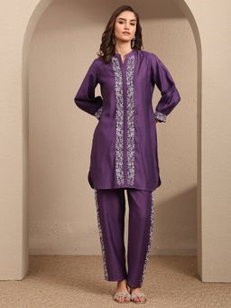 Libas - Purple Embroidered Silk Blend Co-Ord Set