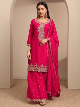 Libas - Pink Embroidered Chinon Straight Kurta And Palazzo With Dupatta