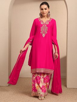 Libas - Pink Embroidered Chinon Straight Kurta And Palazzo With Dupatta