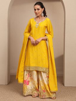Libas - Yellow Embroidered Chinon Straight Kurta And Palazzo With Dupatta