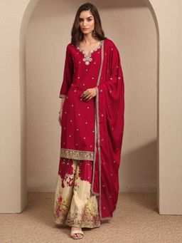 Libas - Maroon Embroidered Chinon Straight Kurta And Palazzo With Dupatta