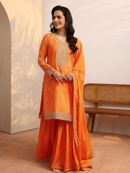 Libas - Orange Embroidered Chinon Straight Kurta Set And Sharara With Duaptta