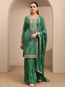 Libas - Green Embroidered Chinon Straight Kurta And Sharara With Duaptta