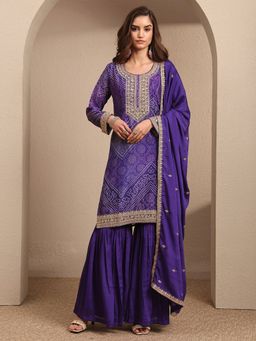 Libas - Purple Embroidered Chinon Straight Kurta And Sharara With Duaptta