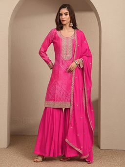 Libas - Pink Embroidered Chinon Straight Kurta And Sharara With Duaptta