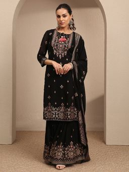 Libas - Black Embroidered Georgette Straight Kurta And Sharara With Duaptta