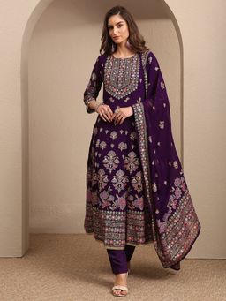 Libas - Purple Embroidered Georgette Anarkali Kurta And Pant With Dupatta