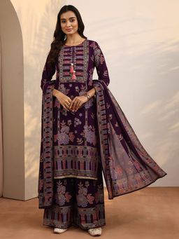 Libas - Purple Floral Georgette Straight Kurta And Palazzo With Dupatta