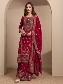Libas - Maroon Embroidered Georgette Straight Kurta And Palazzo With Dupatta