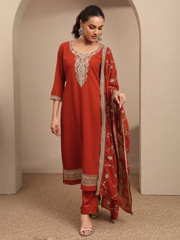 Libas - Rust Embroidered Georgette Straight Kurta And Pant With Dupatta