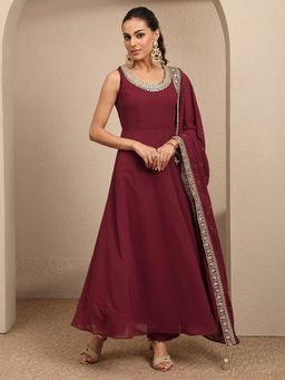 Libas - Maroon Embroidered Georgette Anarkali Kurta And Pant With Dupatta