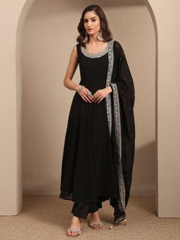 Libas - Black Embroidered Georgette Anarkali Kurta And Pant With Dupatta