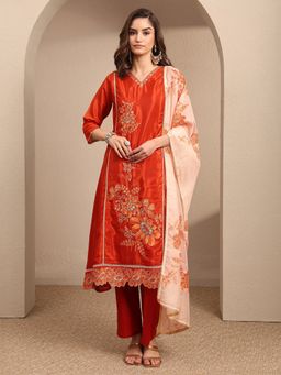 Libas - Orange Embroidered Silk Crepe A-Line Kurta And Pant With Dupatta