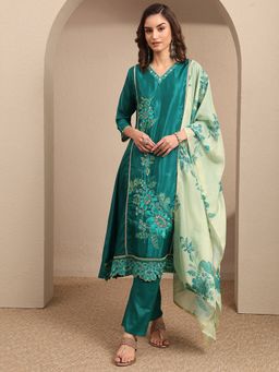 Libas - Teal Embroidered Silk Crepe A-Line Kurta And Pant With Dupatta