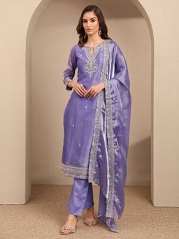 Libas - Lavender Embroidered Organza Straight Kurta And Pant With Dupatta