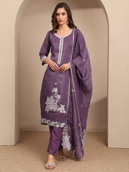 Libas - Purple Embroidered Chinon Straight Kurta And Pant With Dupatta