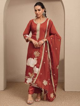 Libas - Rust Embroidered Chinon Straight Kurta And Pant With Dupatta