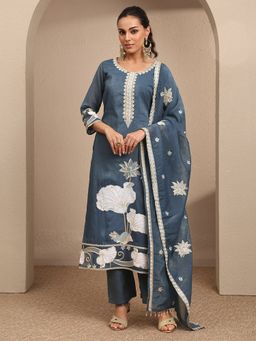Libas - Blue Embroidered Chinon Straight Kurta And Pant With Dupatta