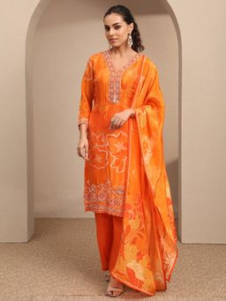 Libas Art - Orange Art Embroidered Silk Blend Straight Kurta And Palazzo With Dupatta