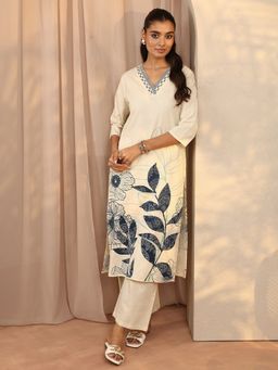 Libas - Off White Printed Cotton Blend Straight Kurta And Pant