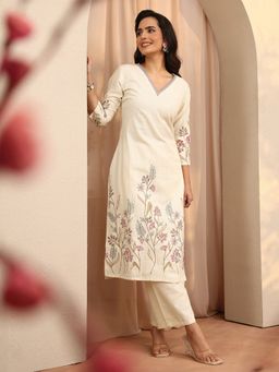 Libas - Off White Embroidered Cotton Blend Straight Kurta And Pant