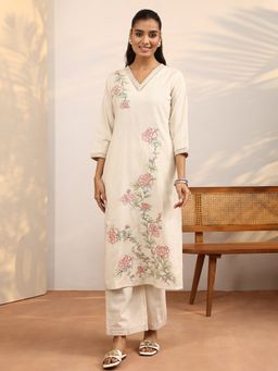 Libas - Off White Embroidered Cotton Blend Straight Kurta And Pant