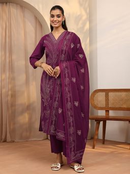 Libas - Burgundy Embroidered Cotton Blend Straight Kurta And Pant With Dupatta