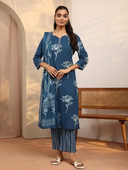 Libas - Blue Printed Cotton Blend Straight Kurta And Pant With Dupatta