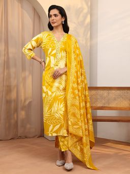 Libas - Mustard Printed Cotton Blend Straight Kurta And Pant With Dupatta