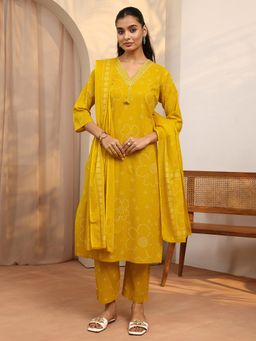 Libas - Mustard Printed Cotton Blend Straight Kurta And Pant With Dupatta